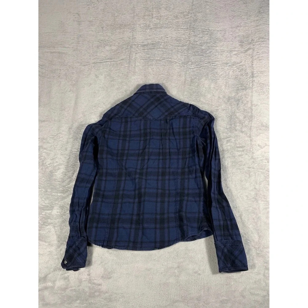True Religion Mens S Western Pearl Snap Plaid Navy Blue Black Long Sleeve Shirt